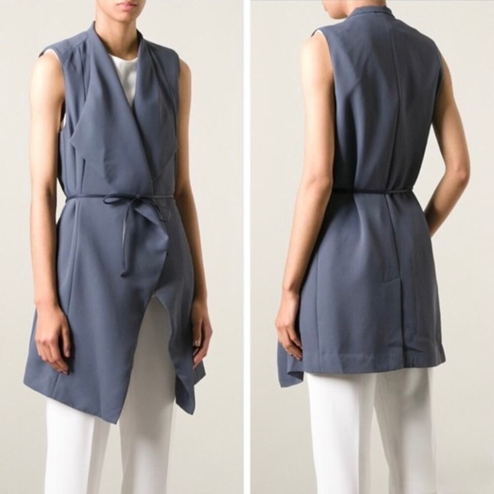 EUC Vince Long Draped Vest Crepe Gray Leather Tie Waist Sleeveless Belt Layering